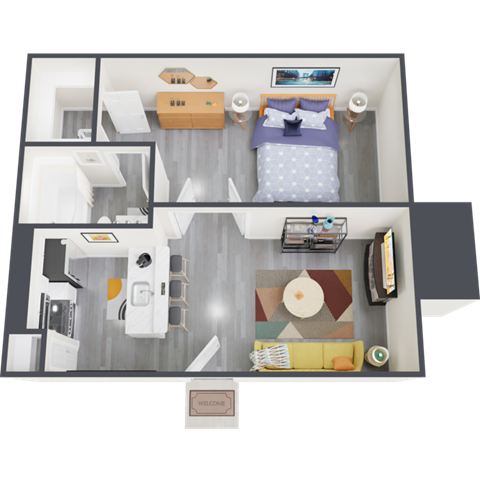 a bedroom with a bed and a chair in a room